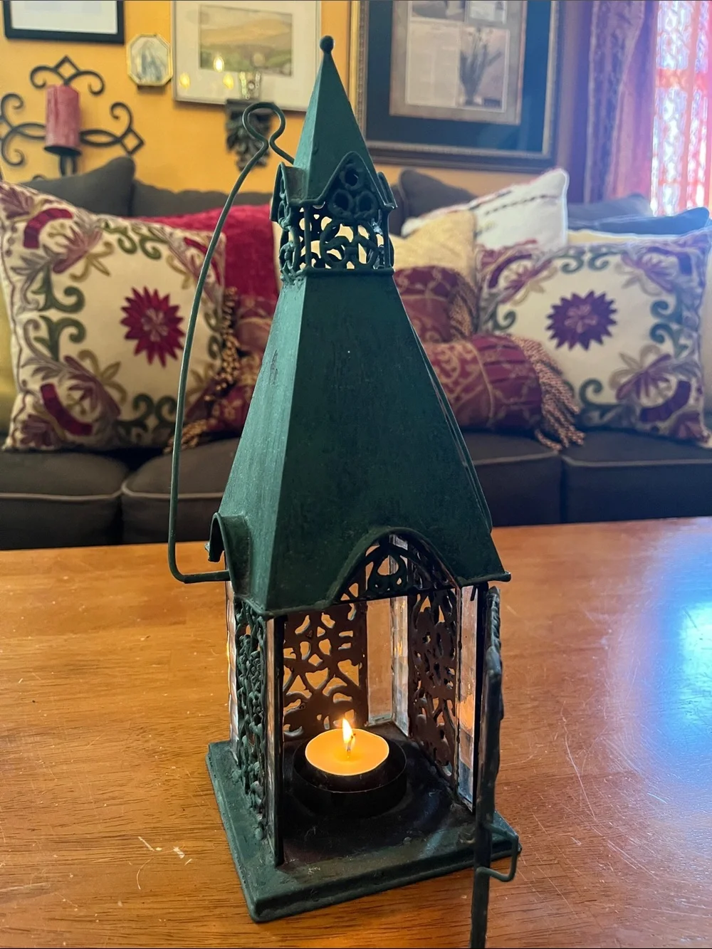 Green Decorative Metal and Glass Cathedral style tea light Lantern